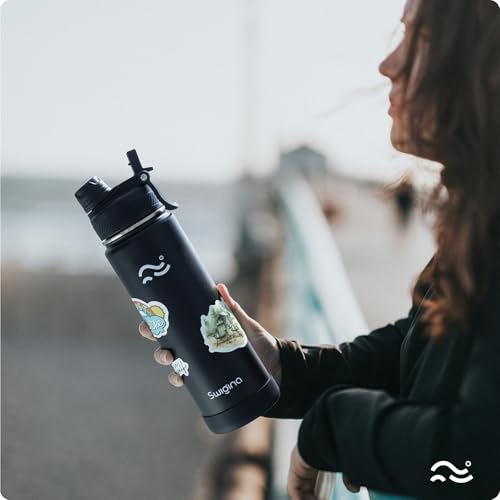 Image of Swigina Insulated Water Bottle with Silicone Boot (36hrs Cold /18hrs Hot) - DIY Stickers, Leakproof, BPA Free, Black, 24 oz [2-IN-1 LID]