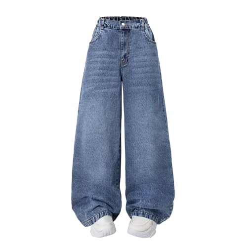Nivne Tco Teen Girls Wide Leg Jeans with Cat Whisker Design 5 Pockets Zipper Fly Non-Stretch Baggy Denim Pants (US, Age, 16 Years, Blue)