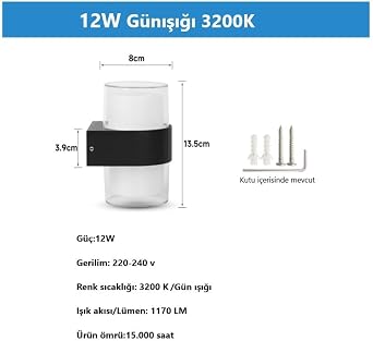 DUVAR LED LAMBA 12W GÜN IŞIK 3200K BAHÇE TERAS İÇ&DIŞ MEKAN DEKORATİF LED APLİK AYDINLATMA (4 ADET) [Enerji Sınıfı F]
