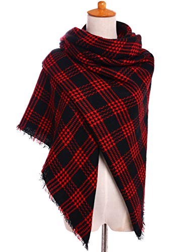 Bess Bridal Women's Plaid Blanket Winter Scarf Warm Cozy Tartan Wrap Oversized Shawl Cape (One Size, Red and Black)