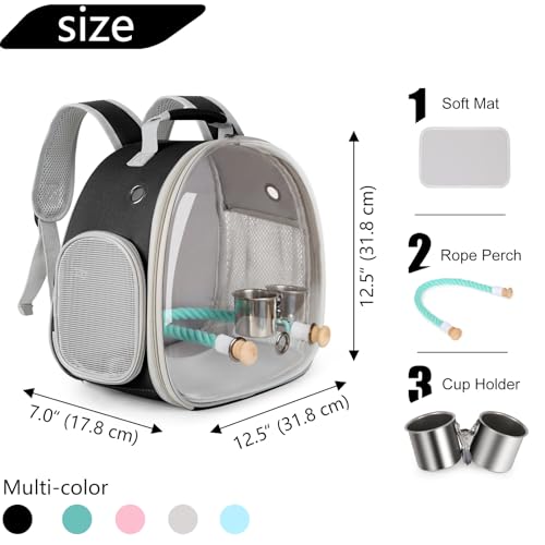 Image of Small Bird Travel Backpack Carrier Cage with Cups, Backpack to Transport Backpack Carrier with Clamp Cups Stand Perch for Parakeet Cockatiel Budgies Vet Carry Book Bag Black