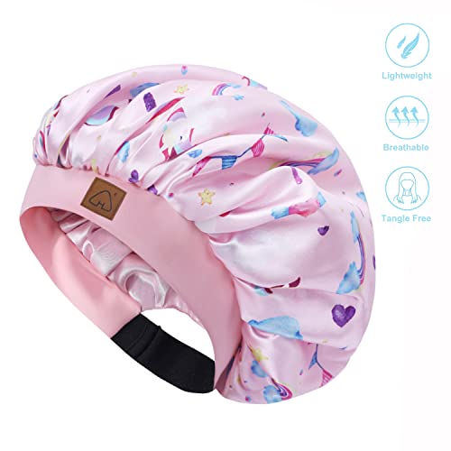 Hat Hut Cuffia Per Dormire In Seta Per Bambini, Berretto Di Seta Cuffia Raso Capelli Notte Per Capelli Ricci Fascia Larga, Regolabile, Doppio Strato, 1-8 Anni (Unicorno 2, Taglia Unica) - 2