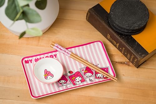 Image of Silver Buffalo Sanrio Hello Kitty and Friends My Melody 3 Piece Boxed Ceramic Sushi Set, Includes Chopsticks, Plate, and Dipping Sauce Dish