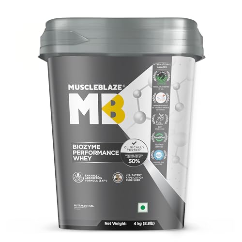 Image of MuscleBlaze Biozyme Performance Whey Protein Powder, Magical Mango (4kg / 8.8lbs) | 25g Protein Per Scoop | Clinically Tested 50% Higher Protein Absorption