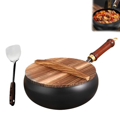 Poêle japonaise en fer forgé avec couvercle en bois, poêle en fer sans revêtement, poêle antiadhésive, poêle à frire en fer de haute pureté avec fonction de maintien au chaud(With wooden lid and shove