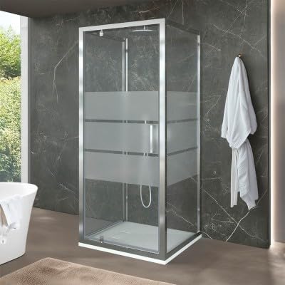 Box Doccia Angolare 80x80x80 Cm Salvaspazio, Con Porta A Battente Vetro Serigrafato H 200 Cm Modello Ted