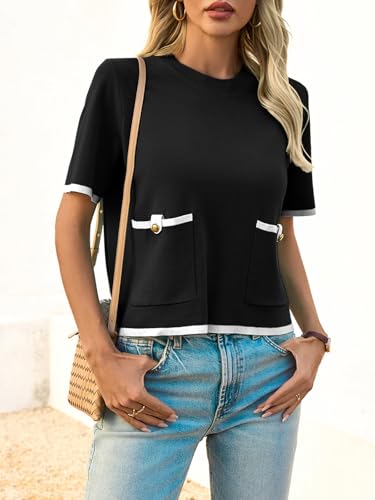 Image of Saodimallsu Women's Short Sleeve Color Block Crew Neck Sweater