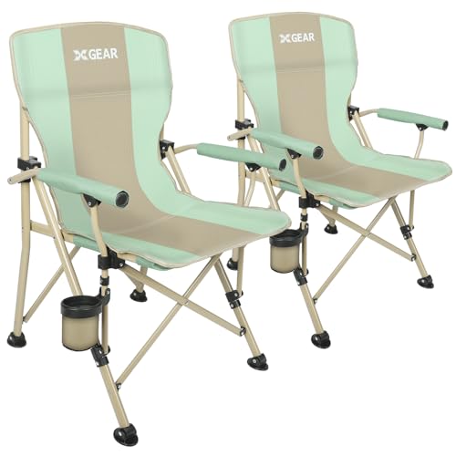XGEAR 2pcs Camping Chair with Padded Hard Armrest, Sturdy Folding Camp Chair with Cup Holder, Lawn Chair Back W Mesh Storage Bag, Support to 400 lbs (Green with Khaki)