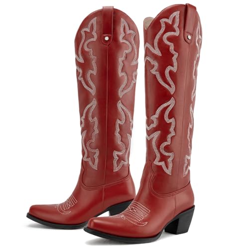 DREAMCIA Womens Red Cowboy Knee High Boots With Pointed Toe Block Heel Faux Leather Shoes for Wedding Concert2
