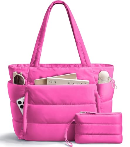 Image of Bagstellar Puffer Tote Bag for Women, Lightweight Puffy Work Handbag Teacher Nurse Quilted Shoulder Bag for School Travel Gym | Cloud Bag w / Zipper