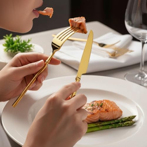 Image of 15 Pcs Gold Cutlery Set for Dining Table the Perfect Lightweight Silim Handle Tableware Including Dinner Spoon, Dinner Fork, Dinner Knife, Dessert Spoon & Dessert Fork
