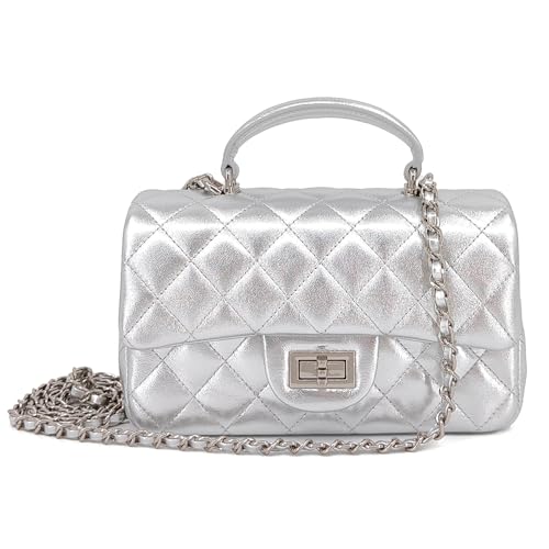 Small Quilted Crossbody Bags for Women, Genuine Leather Shoulder Bag w/Gold Chain Strap, Mini Top Handle Flap Purse