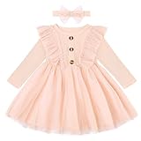 Cutemile Pink Princess Dress for Baby Girls with Bow Headband Fall Winter Infant Outfits Long Sleeve Tutu Dresses 6-12 Month