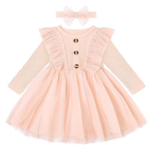 Image of Cutemile Infant Girls Outfit 3m Pink Tutu Dresses Long Sleeve Baby Clothes Tulle Ruffles Dress with Bow Headband for Gift 3-6 Month