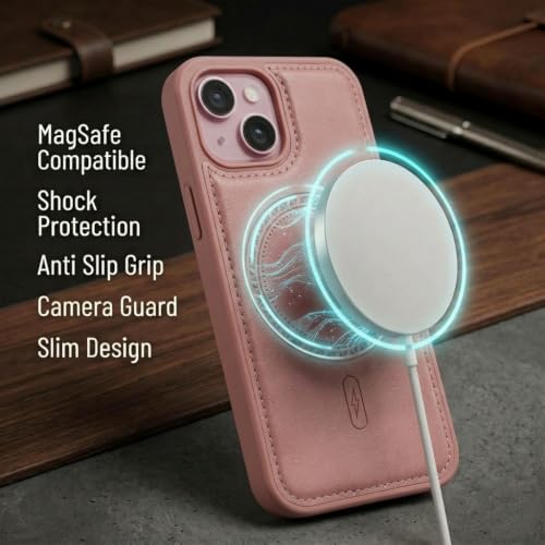 Image of amazon basics Premium PU Leather Case for iPhone 15, MagSafe Compatible Magnetic Ring, Sleek Protective Back Cover - [Pink]