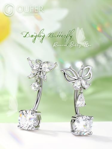 OUFER Belly Button Rings, Butterfly Belly Rings, 316L Surgical Steel Navel Rings, Clear CZ Belly Piercing Jewelry, Dangle Belly Rings For Women Men2
