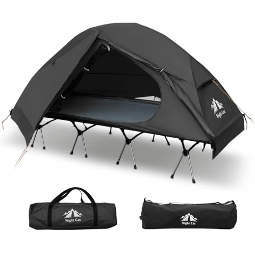 Night Cat Camping Cot Tent - Waterproof 1-Person Off-Ground Combo Cot Bed for Adults Portable Easy Set-up Tent Black