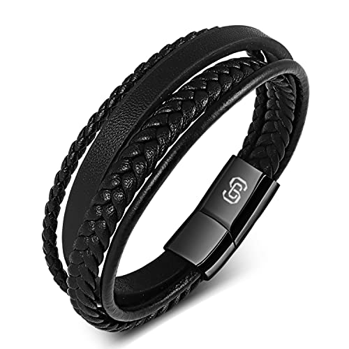 Bracelet Homme Cuir Bracelets pour Homme Boucle Magnétique en Acier Inoxydable pour Mari, Frère, Aîné, Collègue, Fils avec Boîte Cadeau (le noir, 21) Cover