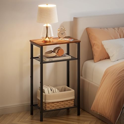 Image of Hoctieon 2-Set 3 Tier End Table, Telephone Table Set of 2, Tall Side Table with Storage Set of 2, Small Nightstand for Small Spaces, Metal Frame, for Living Room, Bedroom, Sofa Couch, Rustic Brown