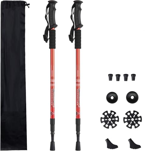 Image of Trekking Poles (2 Pack), Collapsible & Adjustable Hiking Sticks for Men & Women, Lightweight Aluminum Walking Poles with Anti-Shock System & Accessories - for Trekking, Hiking, Walking (Red)