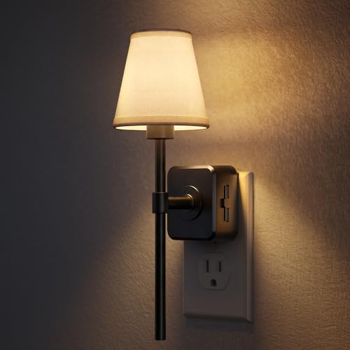 Image of Briignite LED Night Lights Plug into Wall, Vintage Linen Fabric Lamp Cover Decorative Night Light, Dusk to Dawn Sensor, 0-100LM Dimmable Nightlight for Bedroom Living Room Hallway