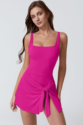 QINSEN Womens Swim Dress Square Neck One Piece Swimsuit Tummy Control Wrap Bathing Suit Hot Pink L