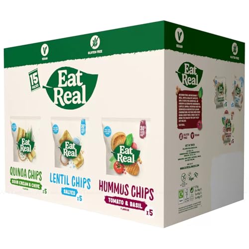 Eat Real Crisps Hummus Lentil Quinoa Flavour Variety Chips Box - Pack of 15 Bags