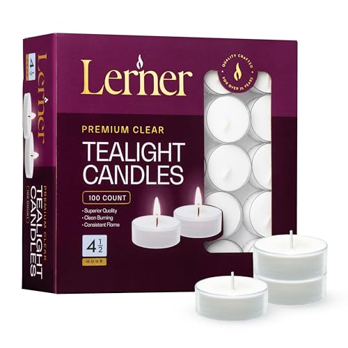Lerner Clear Tea Lights Candles Bulk - 4.5 Hour Clear Cup Tealight 100 Pack - Consistent Smkless Clean Burning - Holiday, Wedding, Spa, Emergency and Home Decoration Candles