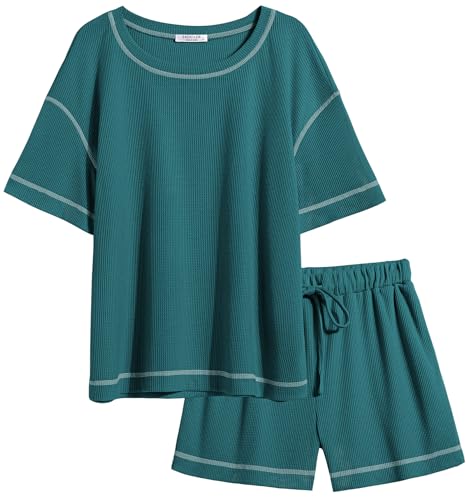 Image of Ekouaer Women's Waffle Knit Two Piece Lounge Set, Soft Matching Outfits for Daily Wear, Casual Shorts Set with Pocket