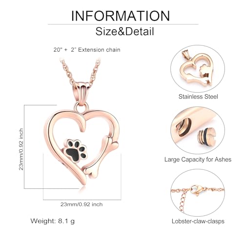 QGJNSGC Paw Print Urn Necklace Heart Locket Necklace for Ashes Dog Cat Charms Pendant Cremation Jewelry Cat Dog Keepsake Memorial Gifts for Women Girls (Rose gold) - Image 2
