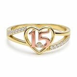 Cherished Moments 14K Gold-Plated Sterling Silver Heart Ring for Quinceañera Gift, 'Sweet 15' Present with 15 Sparkling CZs (Size 7)