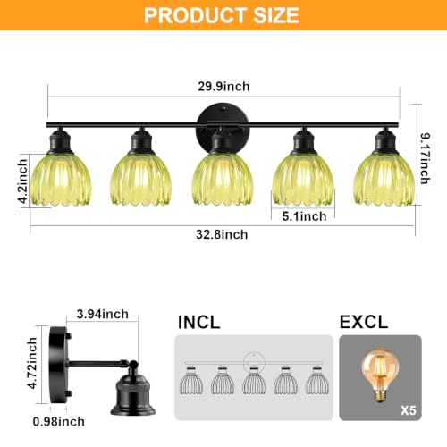 Image of Bathroom Light Fixtures, 5-Light Brushed Black Vanity Lights for Bathroom with Green Tulip Glass Shade, 30 inch Vintage Bathroom Vanity Lighting Fixtures Over Mirror for Bedroom Living Room Hallway