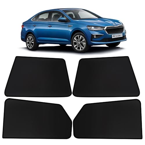 Image of OTO2EYE Car Sun Shade Compatible for Skoda Slavia Model 2022 Onwards, Z-Black Fix Type Side Window Curtains, Only Half Cut in Front Window, 4 Pieces Set