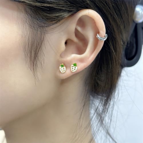 18g Tiny Strawberry Stud Earrings Flat Back for Women Teen Girls 14k Gold Plated Surgical Stainless Steel Hypoallergenic Cute Small Enamel Fruits Cartilage Tragus Screw Back Piercing Sensitive Ear Jewelry3