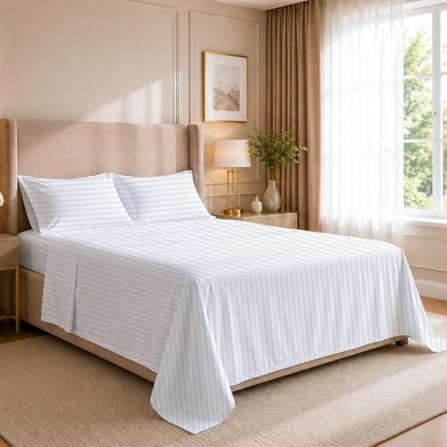 Cottingon Full XL Sheets, Luxury Soft 100% Egyptian Cotton, 4 Pcs Dorm Bedding Set to Fit Upto 15" Deep College Room Mattress, White Stripe