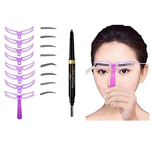 Eyebrow Stencil Shaper with 1 Eyebrow Pencil Powder Brush-Long Lasting Waterproof Brow Pencil,Eyebrows Grooming Stencil Kit Reusable Styling Tool (8pcs Eyebrow stencils+1 Black pencil)