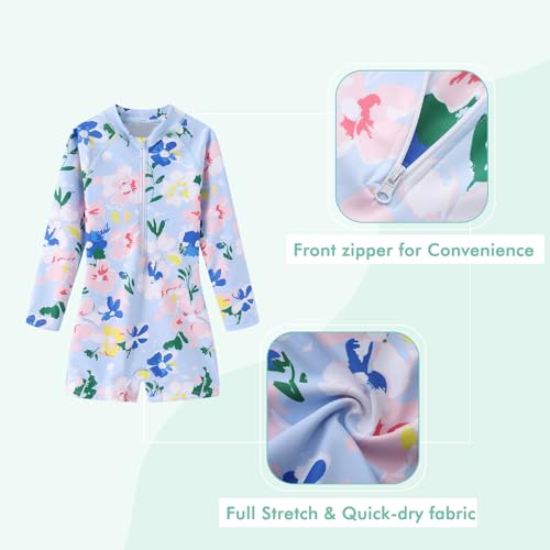 Image of Girls One Piece Swimsuits for Girls Long Sleeve Bathing Suit Sun Protection Rash Guard with Front Zipper 3-16 Years