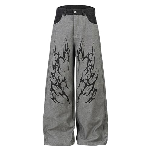 Foweknow Pantalones vaqueros Y2K para hombre, holgados, para exteriores, cargo Harajuku Streetwear Trousers Vintage Schlaghose-Jeans Weites Bein Lockere Passform Skateboard Denim Hosen Hip Hop