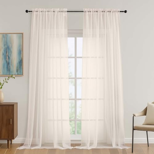 Image of OVZME Cream Bedroom Curtains 2 Panel Sets 96 Inch Length, 59 Inch Extra Wide Light Filtering Voile Drapes Light Airy Window Drapes for Patio Door Living Room Bedroom Dining, 59Wx96L Inches