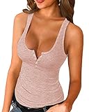 Womens Scoop Neck Henley Tank Tops Low Cut Solid Sexy Summer Sleeveless Button Down Shirts Pink