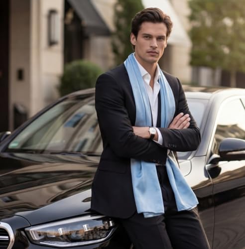 Bufanda de seda hombre 180x80 cm pañuelo chal de gasa para traje azul 3