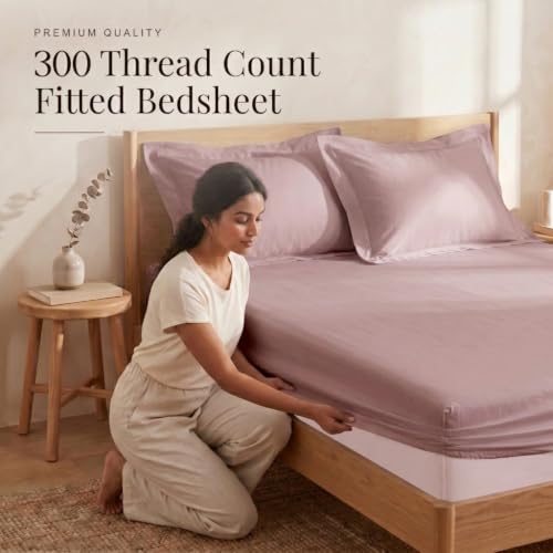 Image of Huesland 300 TC Premium 100% Pure Cotton Luxe Soft Touch Fitted Single Size Bedsheet Cotton with 2 Pillow Covers | Cameo Pink | 36 x 78 Inches