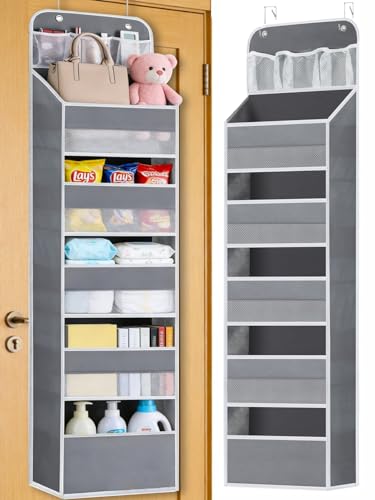 Wakaye Over the Door Organizers - 5 Tier Hanging Door Storage with 5 Spacious Pockets, Anti -Tilt 44 lb Load Behind Door Organizer for Bedroom,Nursery,Bathroom,Kitchen,Dorm,Pantry - 1 Pack,Grey