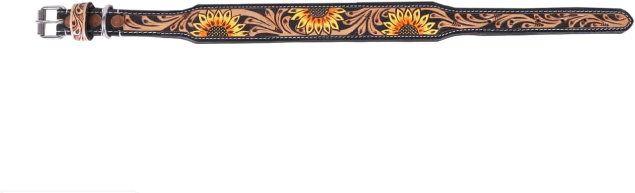 Affilare Leather Dog Collar Western Style Heavy Duty Sunflower Tooled Floral Padded for Puppies and Big Dogs 10IS102-S