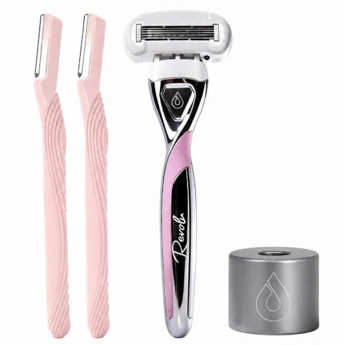REVOLV Womens Razors for Shaving with Razor Handle, Dual-Sided Cartridge, 2 Dermaplane Face Razor & Razor Stand, Face and Body razors for women (Purple)