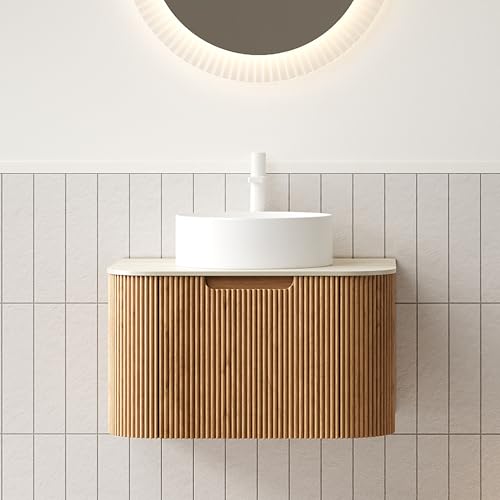 24” Floating Bathroom Vanity with Sink, Fluted Wall-Mounted Solid Wood Cabinet, Soft-Close Drawer, Warm Beige Sintered Stone Top, Ultra-Thin White Ceramic Basin, Pre-Assembled, Natural Wood