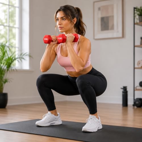 Image of KAKSS Neoprene Dumbbells Set, 1kg (2 x 0.5kg), Red Hex Dumbbells with Easy-Grip Coated Finish, Cast Iron Hand Weights for Home Gym Equipment and Fitness Training for Women and Men