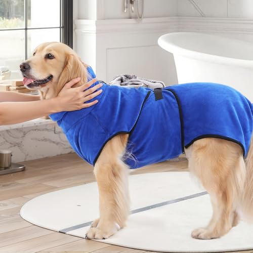 PETTOM Hunde-Bademantel Mikrofaser Hundehandtuch Schnell Trocknend mikrofaser Handtuch Super Saugfähig Komfortabel und mit Verstellbaren Trägern für Haustiere Hunde und Katzen,Blau (XL)