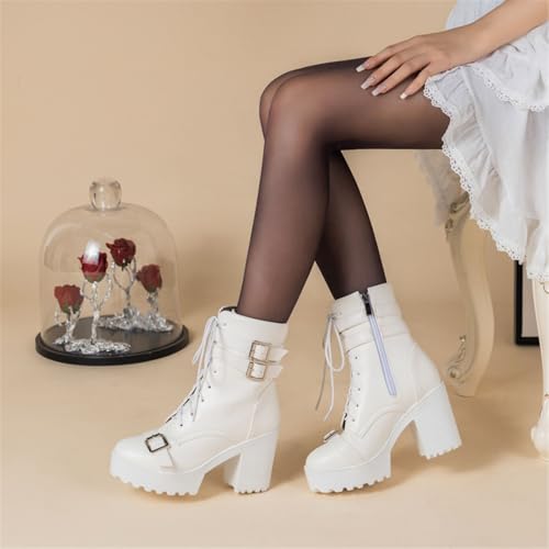 Image of FOREADA Goth Boots Chunky Heel Boot For Women Ankle Combat Booties Black Platform Bootie Buckle Rivets Punk Goth Shoes With Zipper