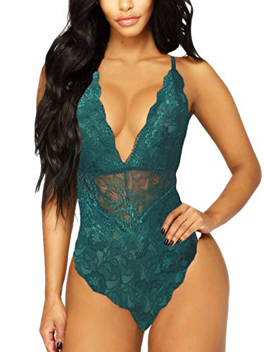 Kaei&Shi Plus Size V-Neck See Through Lingerie Floral Lace Babydoll Sexy Lingerie for Women One Piece Curvy Bodysuit Green XXX-Large